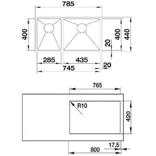 Kích thước chậu rửa bát inox Hafele Quatrus R15 285/435-IU 570.27.169