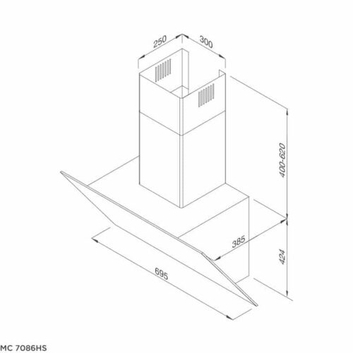 Kích thước máy hút khói khử mùi áp tường dạng nghiêng MALLOCA MC 7086HS