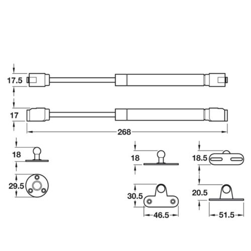 Kích thước pittong đẩy cánh tủ 80N Hafele 373.82.907